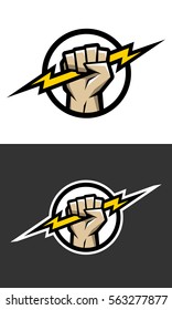 Hand Holding A Lighting Bolt. Symbol, Logo.