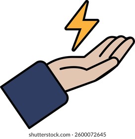 A hand holding a lightning bolt. Concept of power and energy. The lightning bolt represents a strong force, while the hand symbolizes protection or guidance