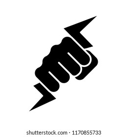 Hand holding lightning bolt glyph icon. Power fist. Electric energy. Zeus hand. Silhouette symbol. Negative space. Vector isolated illustration