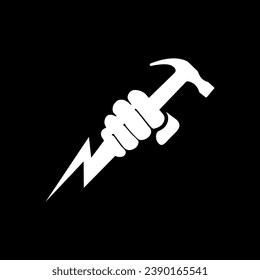 Hand holding lightning bolt and hammer icon. Power fist. Electric energy. Zeus hand. Silhouette symbol. Negative space. Vector isolated illustration