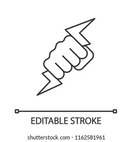 Hand holding lightning bolt linear icon. Power fist. Thin line illustration. Electric energy. Zeus hand. Contour symbol. Vector isolated outline drawing. Editable stroke