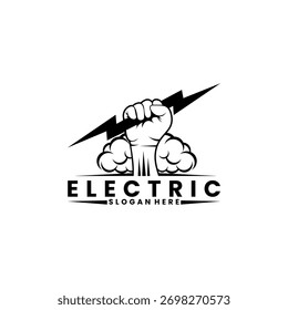 hand holding lightning logo design vector template. Power stronger logo design icon