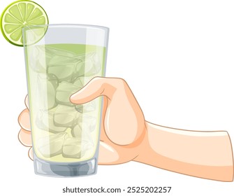 Hand holding a lime drink with ice cubes