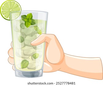Hand holding a lime and mint cocktail