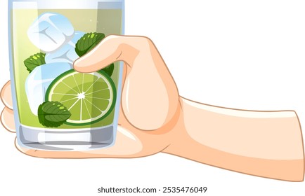 Hand holding a lime and mint cocktail glass