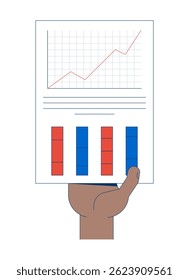 Gráfico de linhas e gráficos de colunas com apoio manual ilustração de vetor de relatório infográfico. Papelada corporativa. Métricas de desempenho na mão 2D imagem cartoon isolado no branco. Clipart plano editável colorido