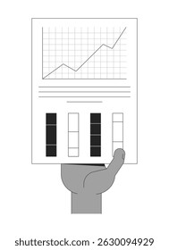 Gráfico de linhas e gráficos de colunas com retenção manual ilustração do contorno do relatório infográfico. Papelada corporativa. Métricas de desempenho em mãos isoladas imagem vetorial 2D preto e branco. clip-art de desenho linear