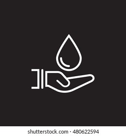 Hand holding liquid drop line icon, outline vector logo illustration, linear pictogram isolated on black