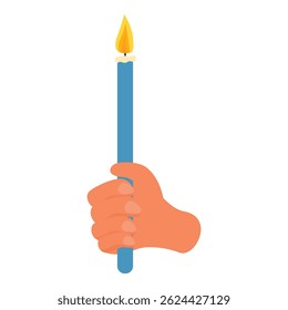 Hand is holding a lit blue candle, providing a source of light and warmth