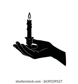 Hand holding lit candle in candlestick silhouette.