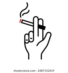 hand holding a lit cigarette between two fingers, with smoke rising from the red burning tip outline black and white outline style
