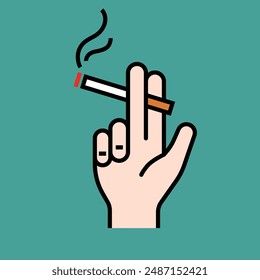 hand holding a lit cigarette between two fingers, with smoke rising from the red burning tip coloured drawing style