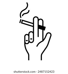 hand holding a lit cigarette between two fingers, with smoke rising from the burning tip outline black and white outline style