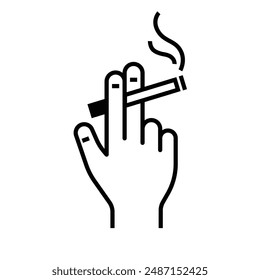 hand holding a lit cigarette between two fingers, with smoke rising from the burning tip outline black and white drawing style