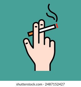 hand holding a lit cigarette between two fingers, with smoke rising from the red burning tip outline coloured drawing style