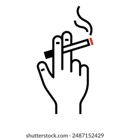 hand holding a lit cigarette between two fingers, with smoke rising from the red burning tip outline black and white drawing style