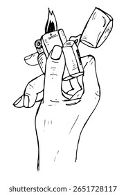 Hand holding a lit lighter, line art illustration vintage themes.