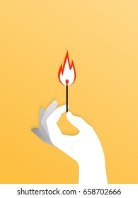 Hand holding a lit match stick over yellow. Vector illustration