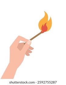 Hand holding a lit match with a stylized flame against a white background. stock illustration