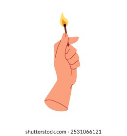 Mano que sostiene el fósforo encendido con la llama ardiente. Cabeza de fuego, palo de fósforo de madera encendido. Encendido, calor, símbolo de energía, concepto. Luz ardiente. Ilustración vectorial plana aislada sobre fondo blanco