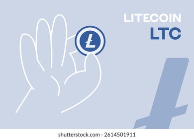 Hand Holding a Litecoin Coin on an Blue Background, Conceptual Vector Illustration. LTC Token Poster Design for Web, Apps and Mockups