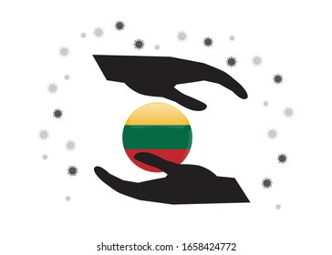 Hand holding Lithuania flag in cycle symbol, Protect Lithuanian people from coronavirus  or COVID-19 concept, Save Lithuania, sign symbol background, vector illustration. 