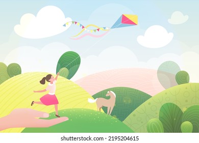 Mano sosteniendo a una niña pequeña con cometa voladora en la ilustración del vector del cielo. Caricatura lindo niño corriendo en pradera de campo y paisaje de campo de fondo redondo. Memoria de verano, concepto de vacaciones