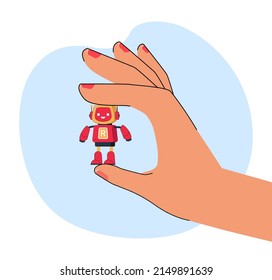 Hand holding little robotic character. Person in control of tiny robot flat vector illustration. Artificial intelligence, technology concept for banner, website design or landing web page