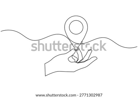 Hand holding location pin continuous one line drawing minimalist symbol outline vector illustration