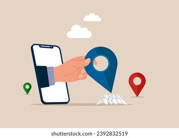 Hand holding Location Pin. New office location. Global cooperation. Making GPS pin point. Flat vector illustration