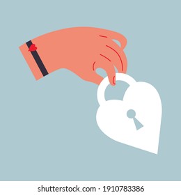 Hand holding lock hand drawing icons. Hand cartoon flat vector illustration. Valentines day symbol card. Couple in love illustration.