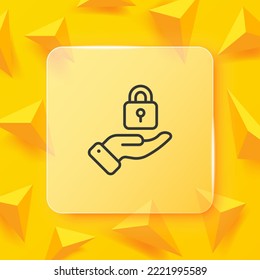 Hand holding lock line icon. Hide private information, personal data protection, security system, safety, blocking, antivirus, defender, antihacking. Privacy concept. Glassmorphism style