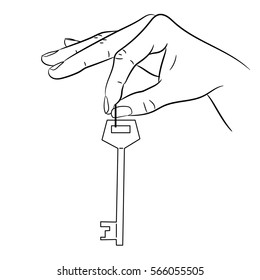 hand holding the locking key on white background of monochrome vector illustrations