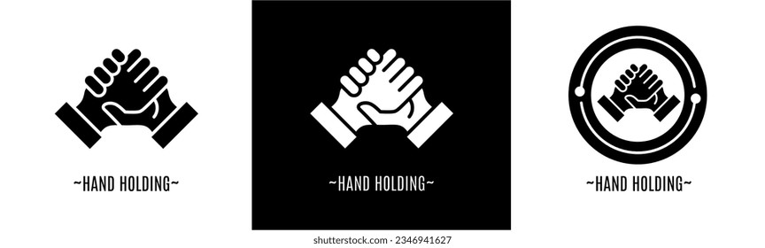 Hand holding logo set. Collection of black and white logos. Stock vector.