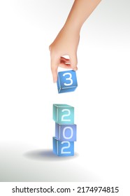 Hand holding lollipop blocks with numbers 2023 puts one on top of other. The beginning of the new year, Christmas Eve. New Year coming concept, Date 2022 changes to 2023 holiday. Xmas vector concept.