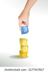 Hand holding lollipop blocks with numbers 2023 puts one on top of other. The beginning of the new year, Christmas Eve. New Year coming concept, Date 2022 changes to 2023 holiday. Xmas vector concept.