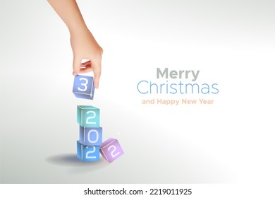 Hand holding lollipop blocks with numbers 2023 puts one on top of other. The beginning of the new year, Christmas Eve. New Year coming concept, Date 2022 changes to 2023 holiday. Xmas vector concept.