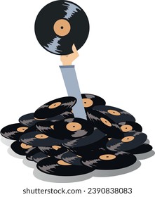 Hand holding a long playing record. Pile of records.
Hand with a long play record appears from a big pile of records
