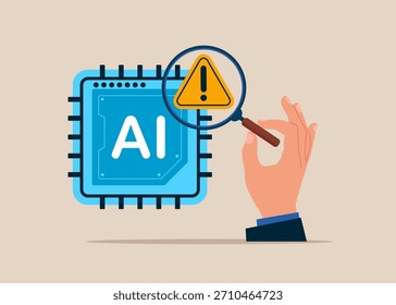 Mano sosteniendo y mirando a través de una lupa en el chip de inteligencia artificial e investigar el incidente con signo de atención de exclamación. Identificar el concepto de riesgo de falla crítica o de aire. Vector