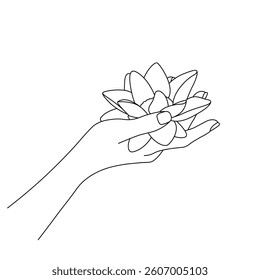 Hand holding lotus flower, black and white line art, minimalistic drawing, delicate fingers, blooming flower, beauty, elegance, spirituality, nature.