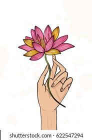 Hand holding lotus flower. Colorful hand drawn illustration. yoga, meditation, awakening symbol.