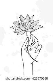 Hand holding lotus flower. Contour hand drawn illustration. yoga, meditation, awakening symbol.