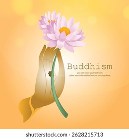 Hand holding lotus flower for social media posts on yellow vector illustration background - Buddhism Magha Puja, Asanha Puja, Vesak Puja Day, Thailand culture