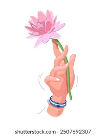 Mano que sostiene la flor de loto. Ilustración vectorial de muñeca con pulsera