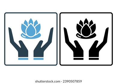 icono del loto de mano. icono relacionado con la meditación, el wellness, el spa. estilo de icono sólido. diseño de vector simple editable