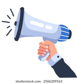 hand holding loudspeaker flat illustration style on white background