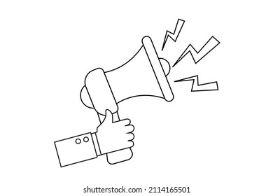 Una Mano Con Altavoz. Diseño de ilustración vectorial de estilo de contorno plano. Presidente, Megáfono. Símbolo de publicidad y promoción. Medios sociales, multimedia y concepto de marketing. Plantilla de página de inicio.
