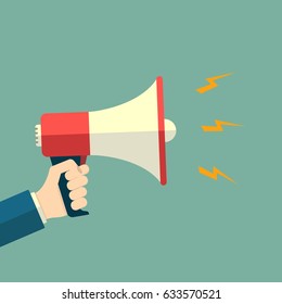 hand is holding loudspeaker, megaphone sound promotion, vector flat illustration, announcement, horn, speaker