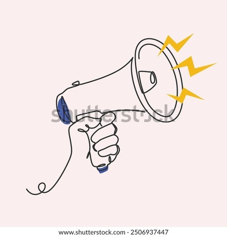 Hand holding a loudspeaker one line drawing. Hand holding a loudspeaker single line illustration. Hand holding a loudspeaker minimalist line art