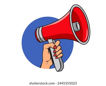 Hand holding a loudspeaker in a round frame. Vector illustration isolated on white background